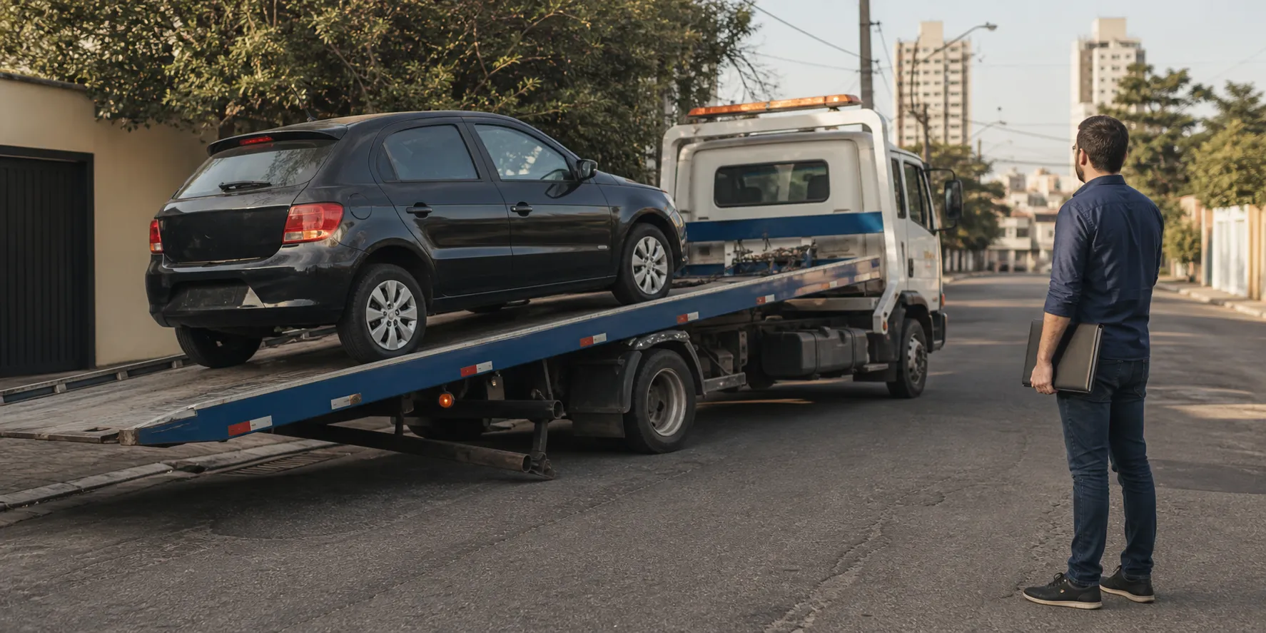 Veículo sendo colocado em caminhão-plataforma enquanto o proprietário observa com documentos