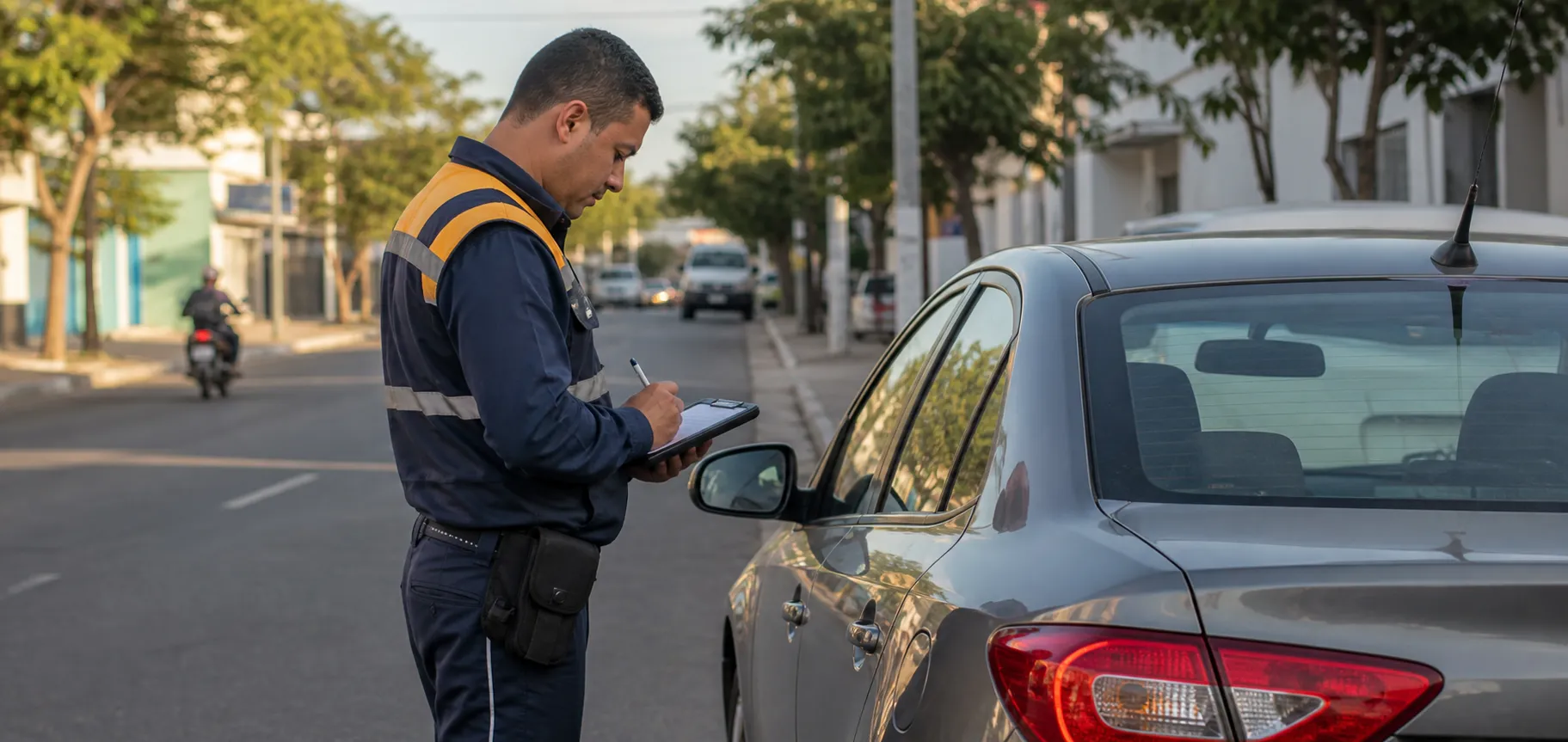 Agente de trânsito registrando uma autuação ao lado de um veículo estacionado