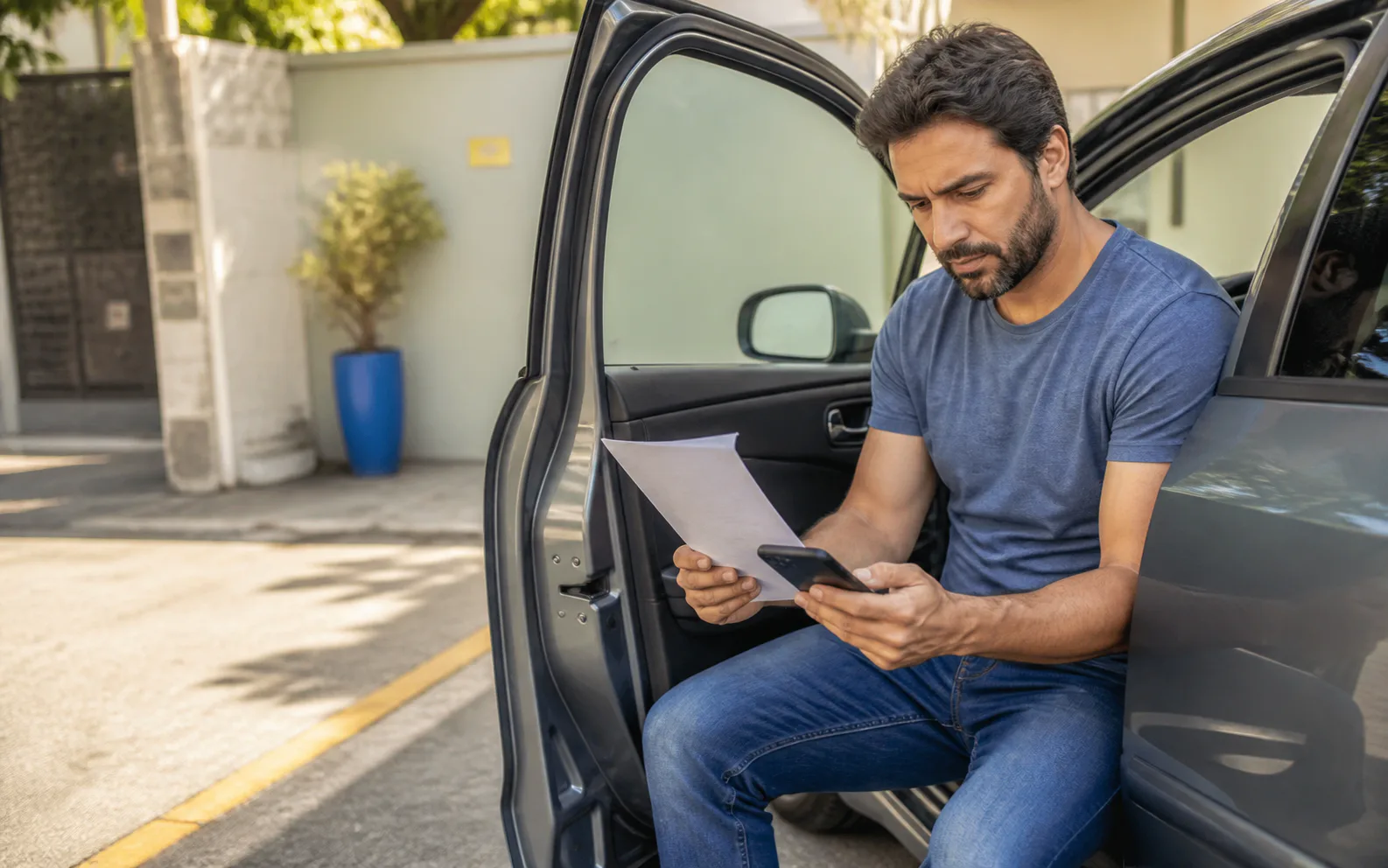 Motorista sentado ao lado do carro conferindo uma notificação e o celular
